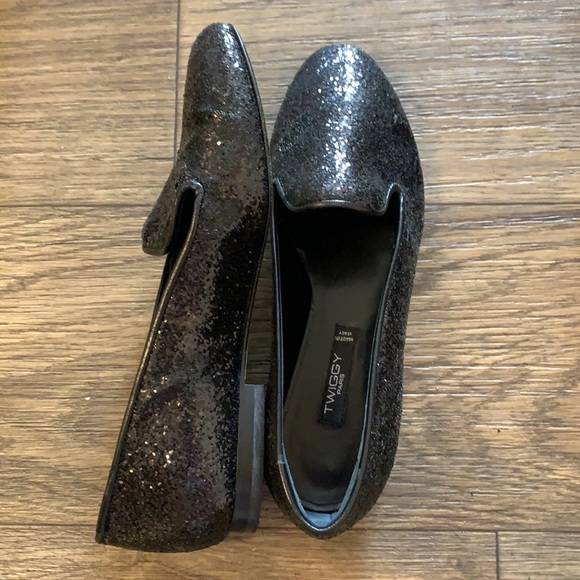 TWIGGY 100% Italy Made Glitter Ballet Black Flats - Picture 2 of 4